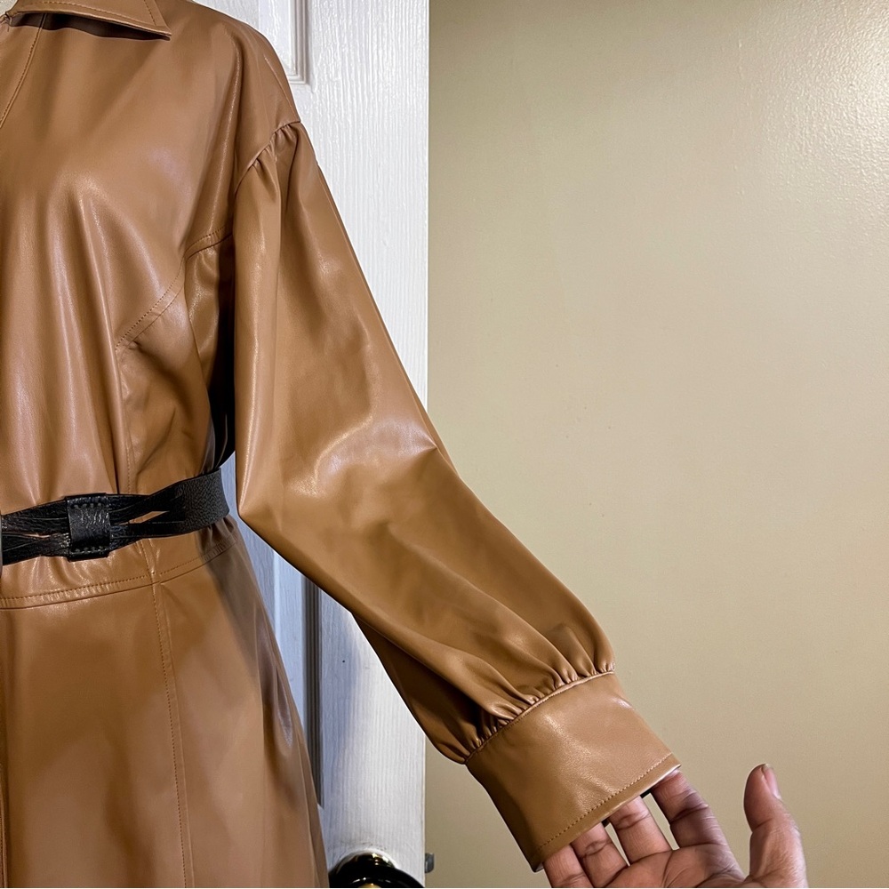 Womens Caramel Faux Leather Retro Puff Sleeve Boho Button Duster Dress Coat 1XP - Picture 5 of 16